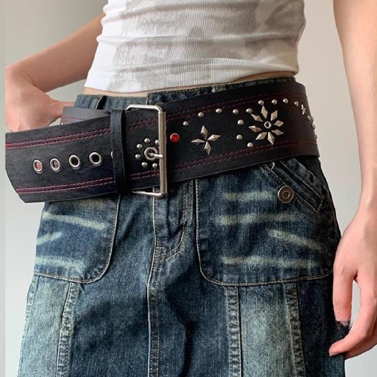 Fashionable Rivet Studded Wide Belt For Women Men Pin Buckles PU Waistband for Street Wear Jeans Pants Waist Accessory