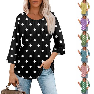 Damen 3/4-Oberteile mit Glockenärmeln, O-Ausschnitt, Sommer-Plissee-Shirts, trendige, elegante, lässige Tunika-Blusen mit lockerer Passform