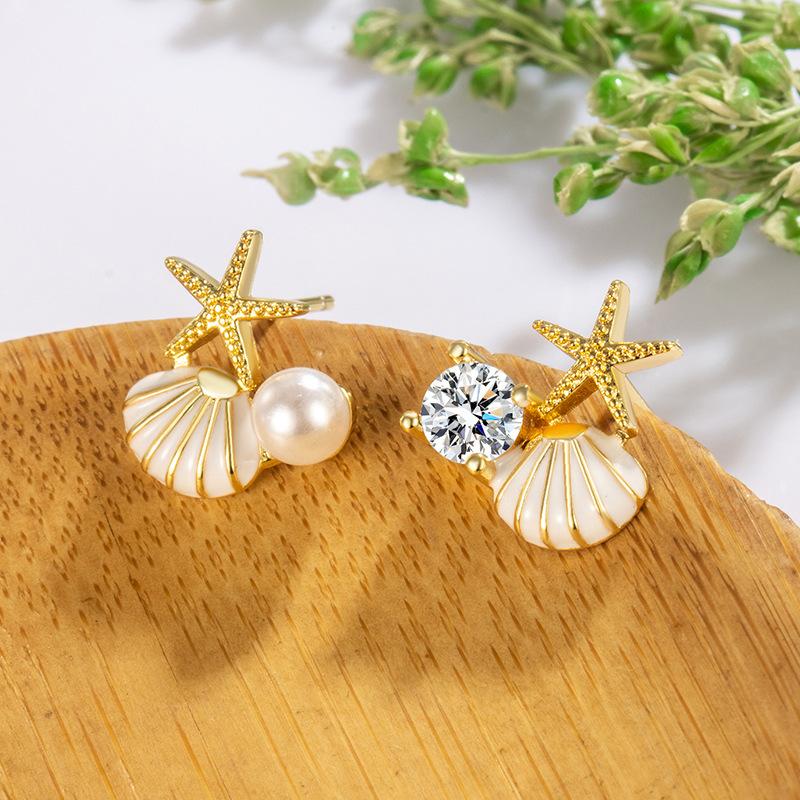 Cute Small Starfish Shell Stud Earrings for Women Asymmetric Rhinestones Imiation Zircon Charms Earrings Trendy Sweet Zircon
