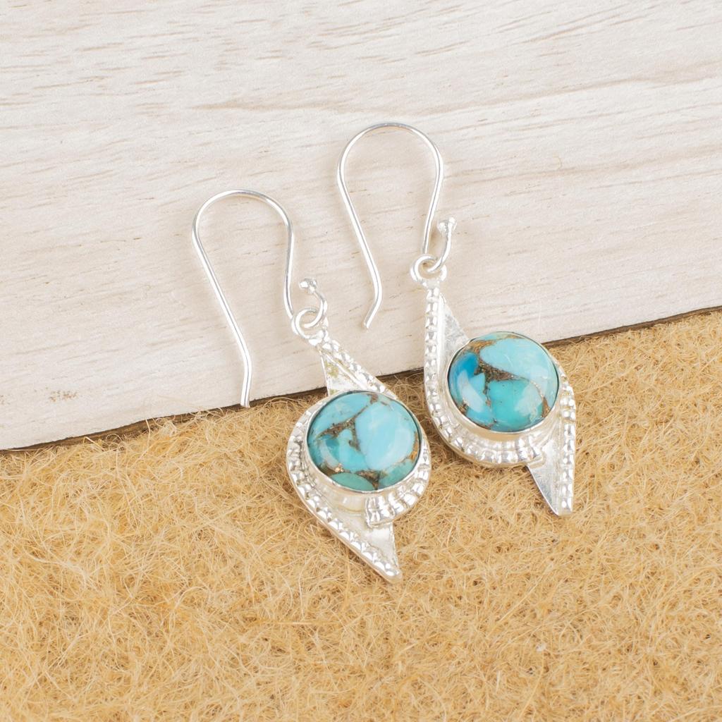 Blue Copper Turquoise Handmade Gemstone Earrings, 925 Solid Sterling Silver Earrings Antique Jewelry, For Wedding Gift