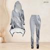 Women Plus Size Gray White Black Printed Hooded Long Sleeve High Low Top Fitted Pants Two Piece Set