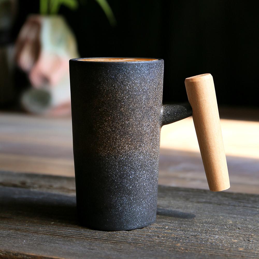 Ceramic Mug Wooden Handle Coffee Cup Vintage Kiln Variation Pottery Large Capacity Tea Water Cup for Home Office Kitchen