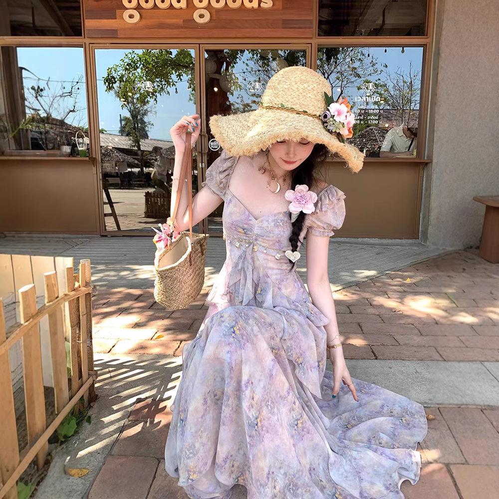 Super fairy temperament smudged princess dress summer travel vacation photo giant beauty thin ruffle edge floral dress