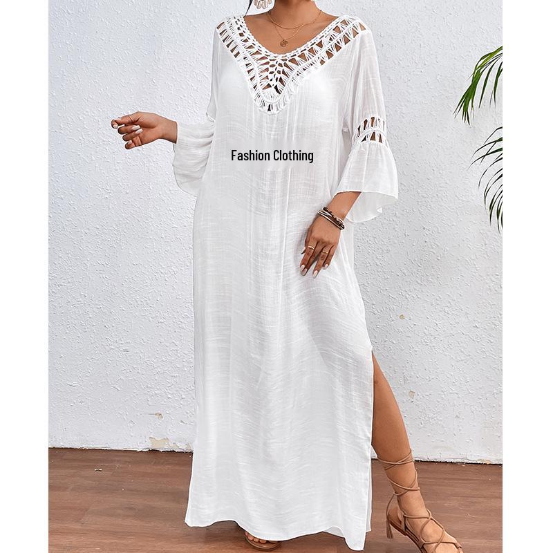 Womens American Crossborder European Handcrocheted Patchwork Ball Loose Beach Coverup Dress Sexy Backless Hollow Design
