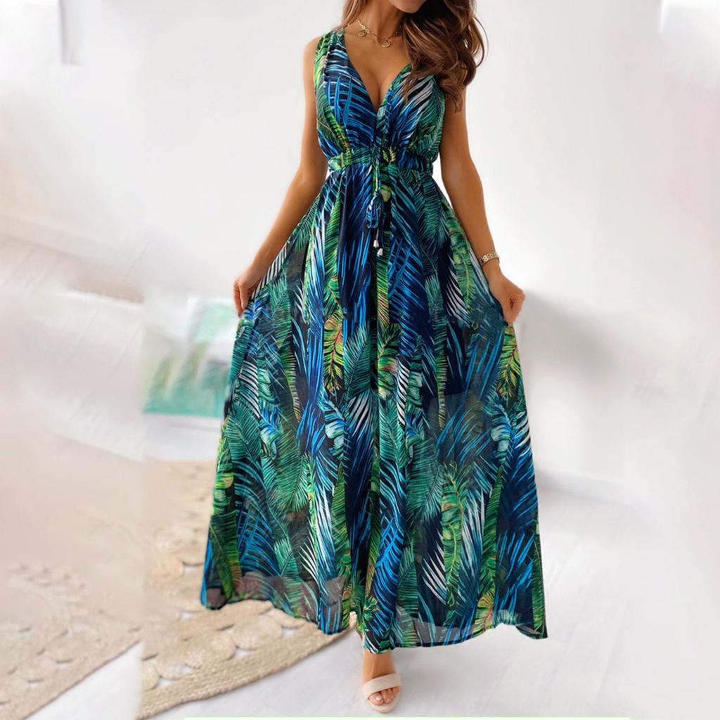 Women's Summer Casual Print Bandage Elastic Waist V-Neck Sleeveless Pullover Dress
