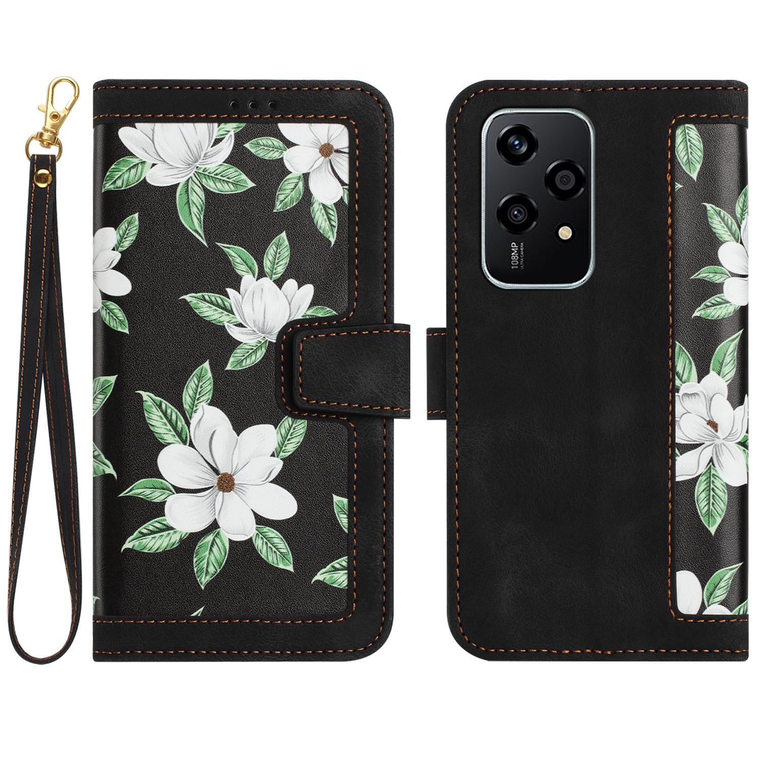 

For Honor 200 Lite Case PU Leather Floral Phone Cover with Card Slots Black