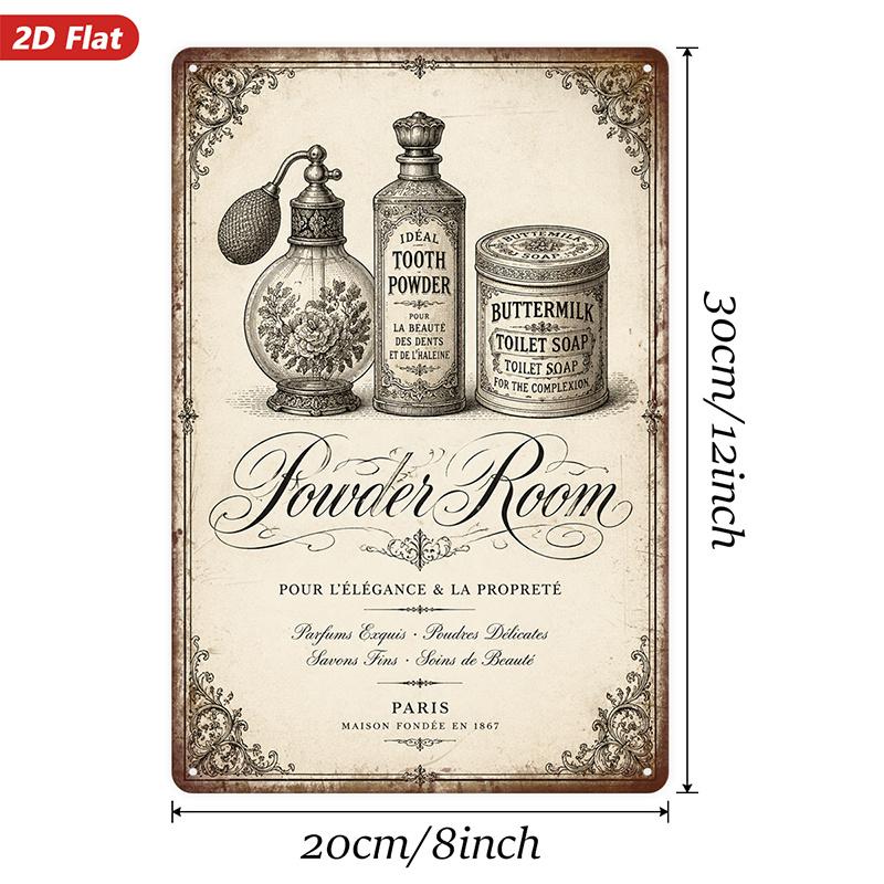 Vintage Powder Room Metal Sign with Perfume Bottle, Tooth Powder, and Buttermilk Soap