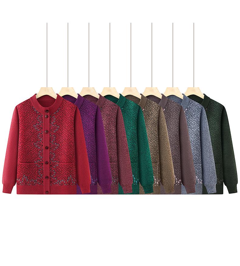 Round Neck Knitted Cardigan for Middle-Aged and Elderly Women - Grandma Style Sweater for Spring and Autumn