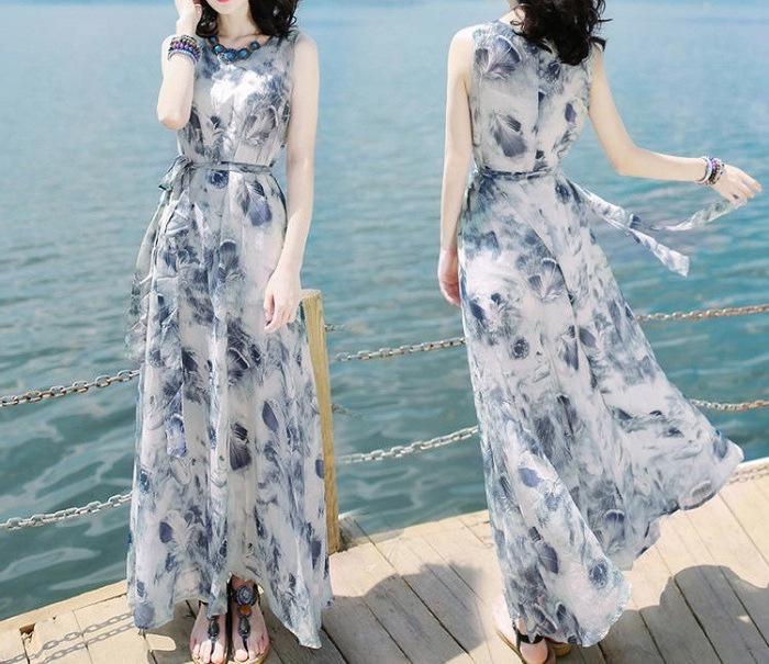 

Летний сарафан из молочного шелка без рукавов 2023: Тонкое, длинное праздничное платье Long Beach с круглым вырезом. M