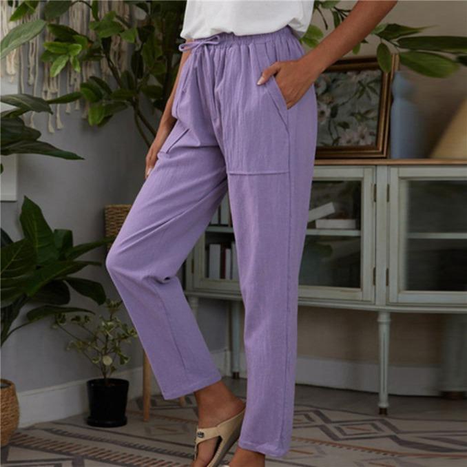 Fashion Women's Cotton Linen Pants Solid Color Pockets Elastic Waist Loose Casual Pants
