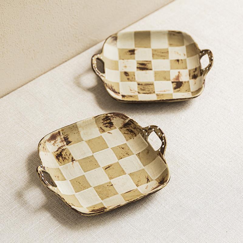 Checkerboard Binaural Plate Coarse Pottery Plate Practical Portable Plate Minimalist Tableware Plate Household Vegetable Plate Salad Plate