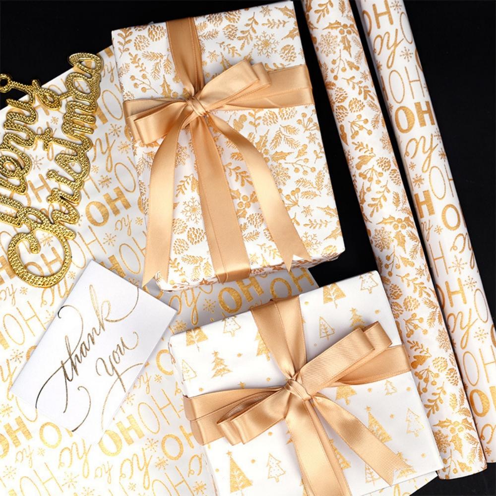 43x300cm Gilded Christmas Gift Wrapping Paper Christmas Snowflake Bow Flower Bouquet Packaging Paper for Party Decorations