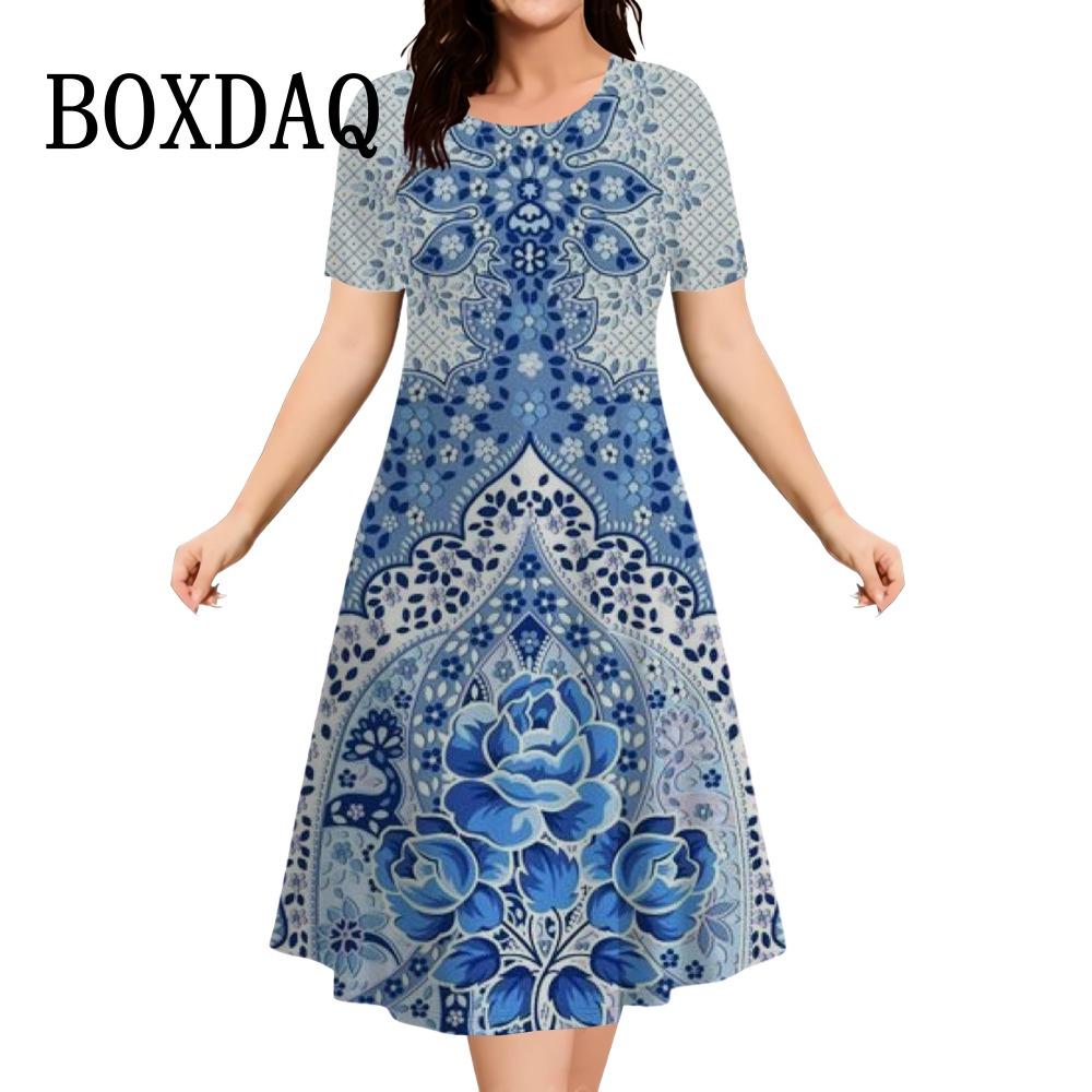 Blue Flower 3D Print Women's Dress Plus Size Summer Clothing Fashion Short Sleeve Loose A-Line Dress Casual Large Sizes Dresses