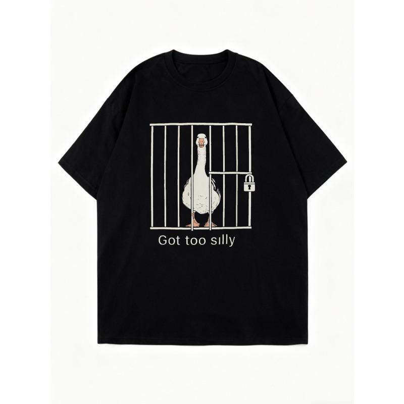 Oversized T Shirt Black Duck In Cage With Lock Print Got Too Silly Text Graphic Tee For Casual Wear And Street Style