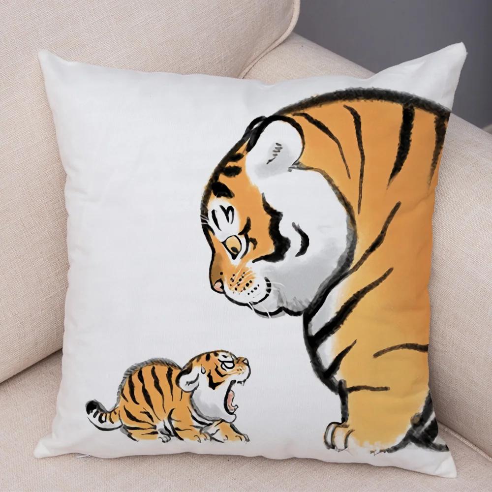 Chinese Ink Funny Fat Tiger Cushion Cover Decor Cute Cartoon Animal Soft Plush Pillow Case for Sofa Home Car Throw Pillowcase