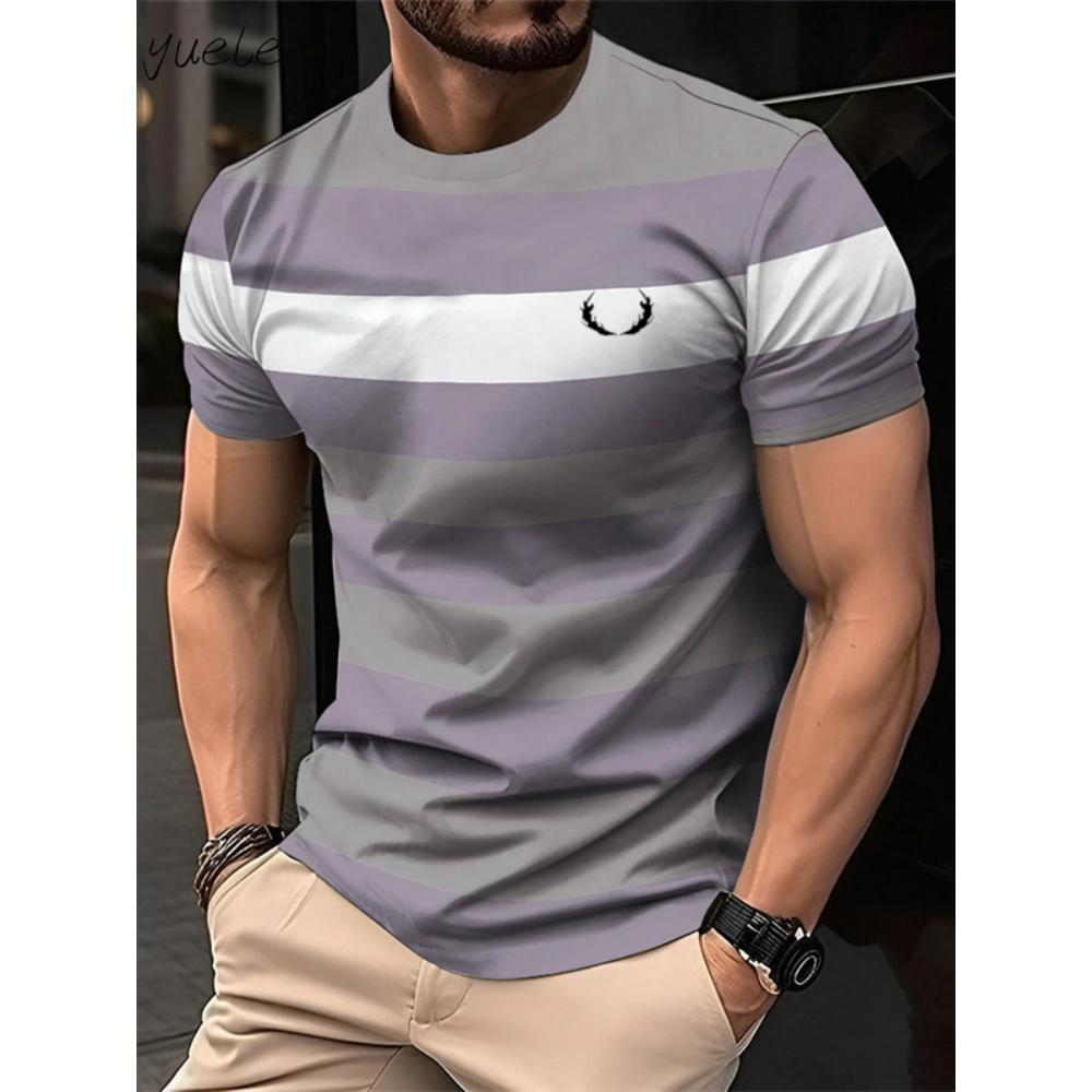 Fashion Striped Printed Men's T-Shirt Summer Breathable Men's Clothing Casual Loose Men Tops Versatile O-Neck Men Short Sleeved