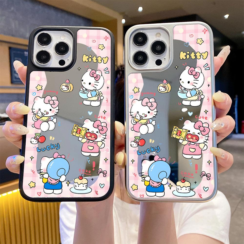 ins wind powder grid Kitty mirror iPhone16 mobile phone case Apple 17 cute makeup mirror mobile phone case 13pm