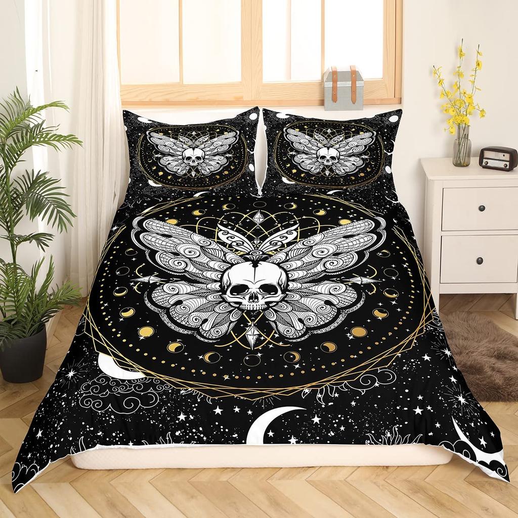 Grün Farbverlauf Totenkopfschwärmer Bettbezug Schmetterling Tier Tierkreiszeichen Galaxie Bettwäsche für Jungen Mädchen Gothic Motte Skelett Boho Raumdekor
