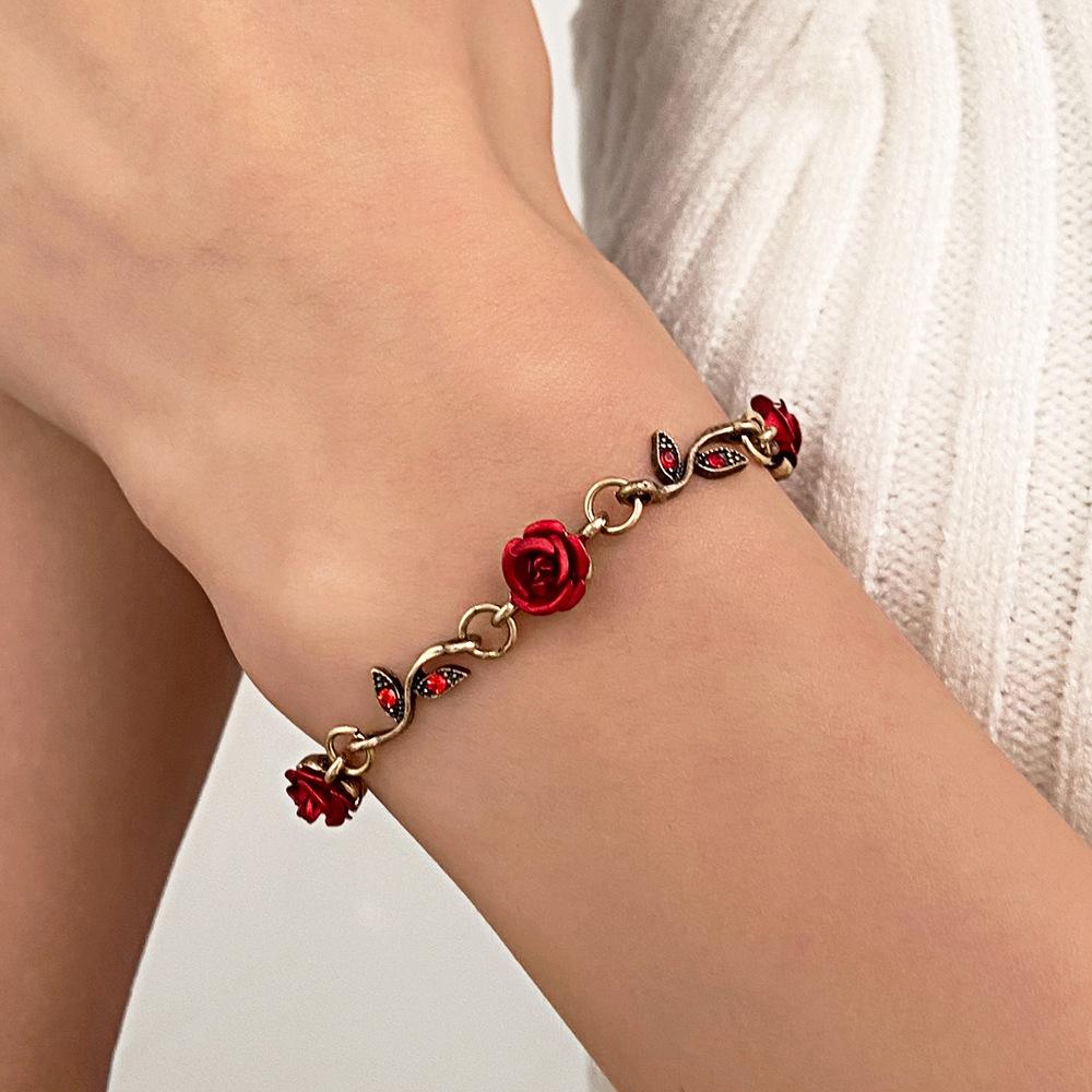 Vintage Gold Red Rose Jewelry Set, Floral Necklace, Bracelet & Drop Earrings for Women