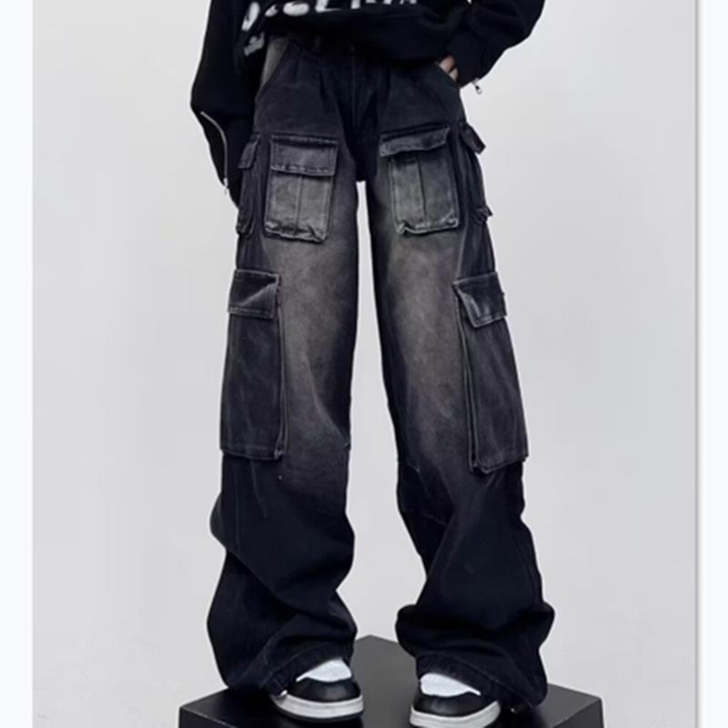 Neue High-Street-Jeans mit vielen Taschen, schwarz, Workwear, für Paare, lockere gerade Hosen, Herren- und Damenhosen