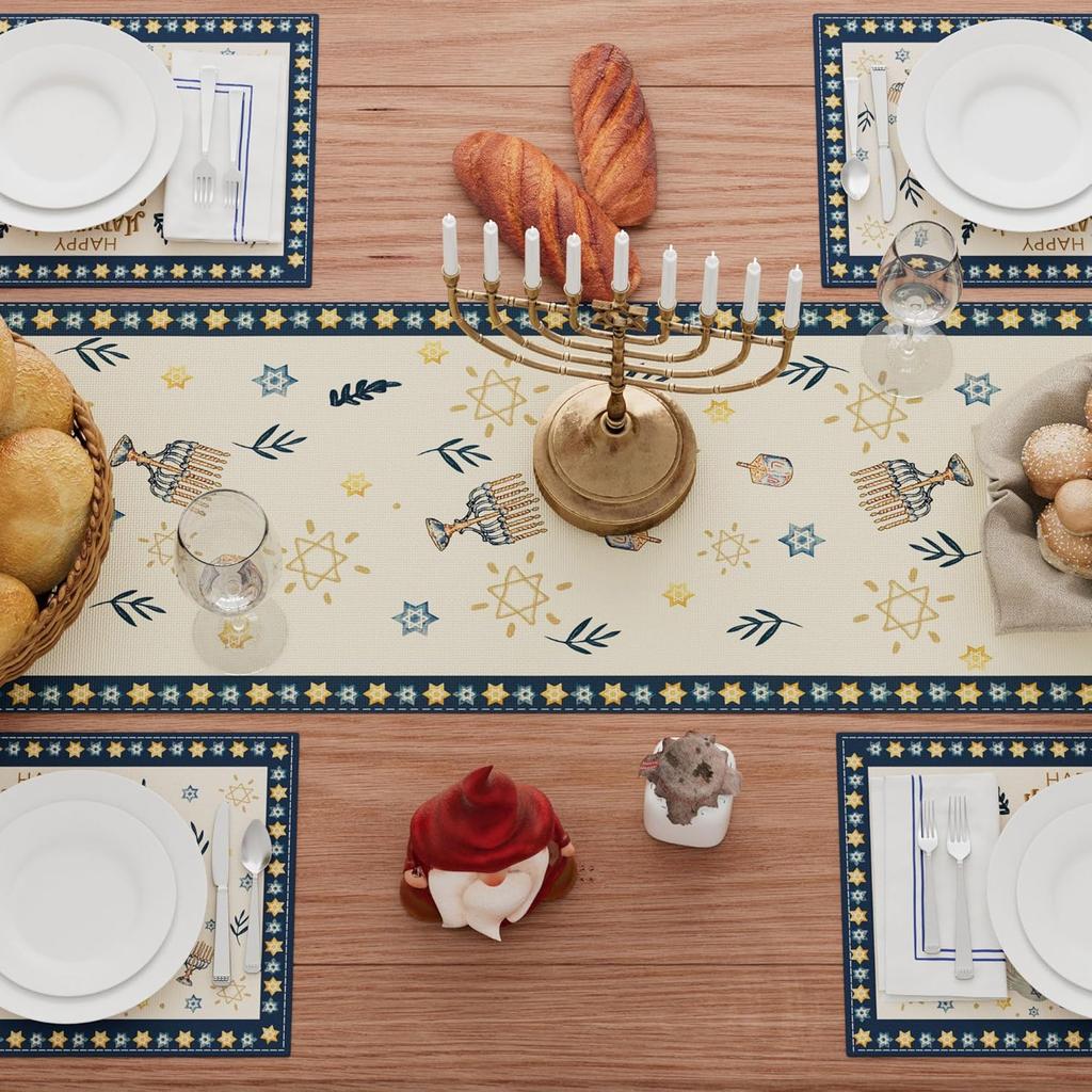 XCHI Happy Hanukkah Chanukah Menorah Six-Pointed Star Doves Table Runner Table Decoration for Party Home Kitchen Dining Holiday Decor 13x72 Inch