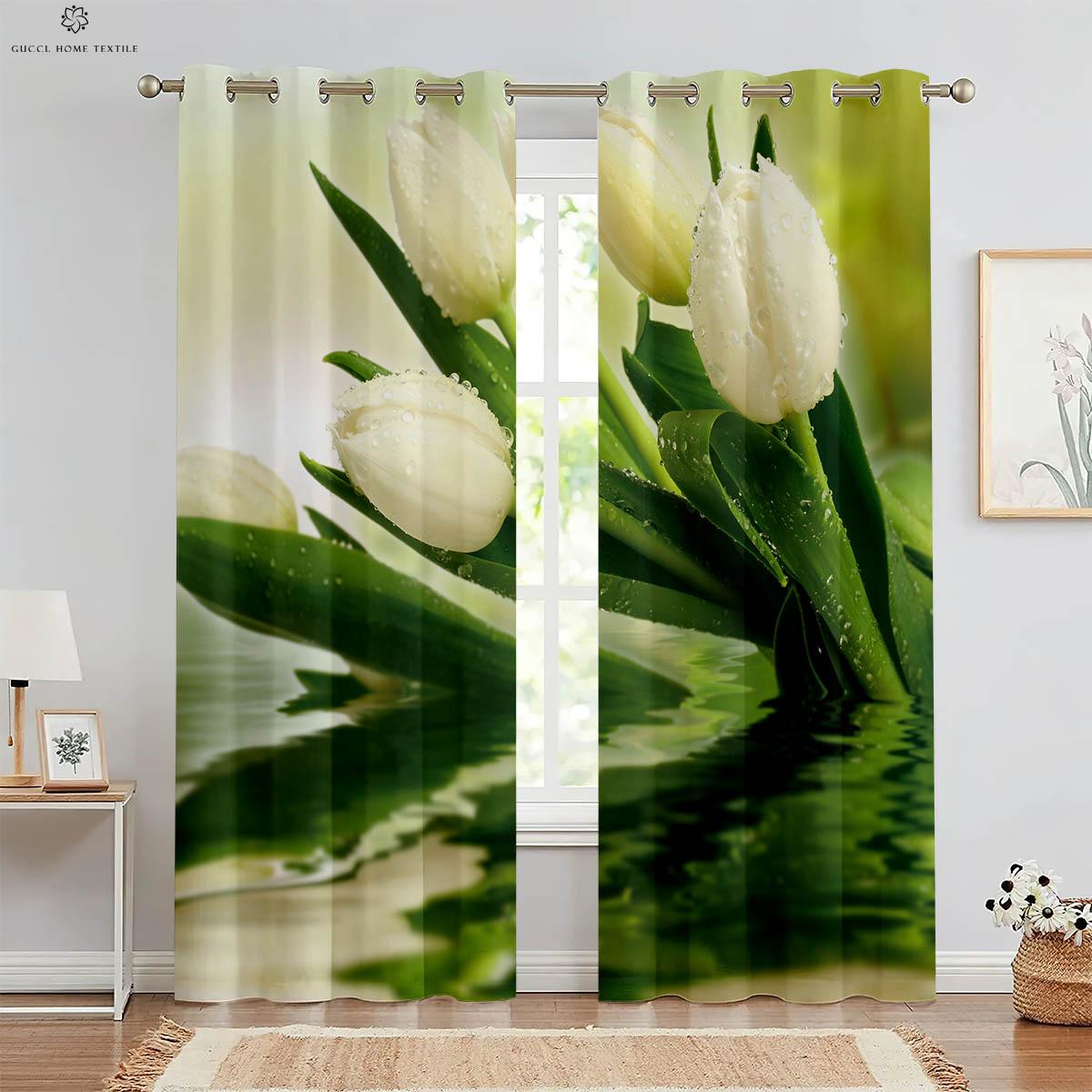 

Set Of 2 Window Curtains Flowers Water Printing Kitchen Bedroom Study Living Room Decorative Curtain For Made Polyester W100*H130(CM)-Hooks&2PCS