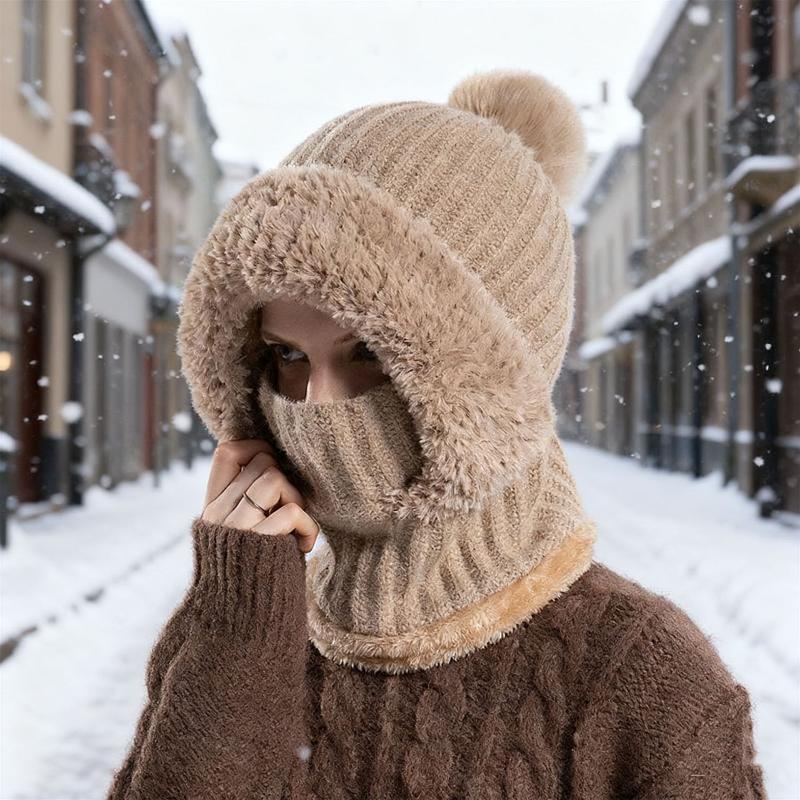 Women Hooded Cap Winter Knitted Balaclava Hat Ear Protection Fluffy Hat Lady Mask Neck Integrated Warmth Cover Hat