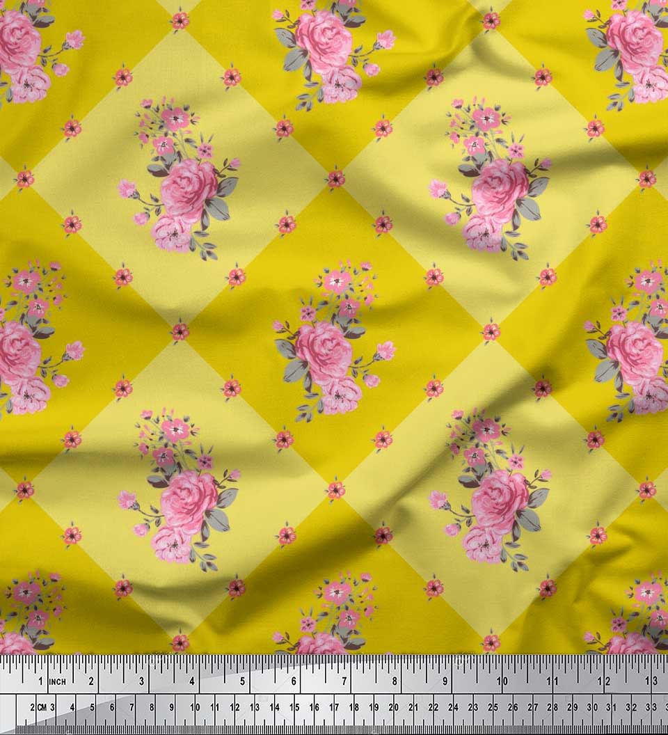 

Тканина Soimoi Japan Crepe Satin Leaves, & Rose Floral Printed Тканина 1 метр 42 дюйма 42 Inch Wide - Poly Crepe жовтий