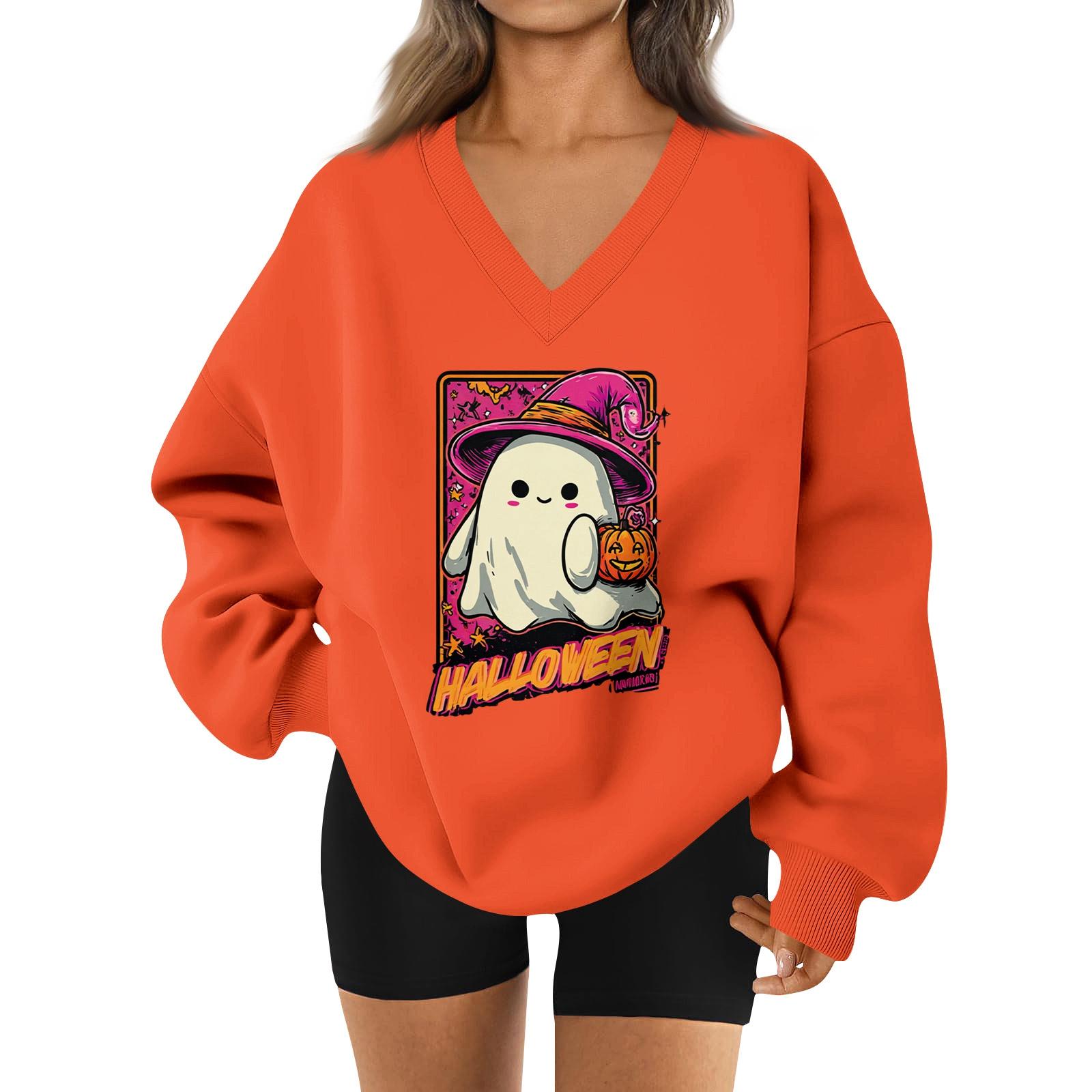 

Женский спортивный свитшот с V-образным вырезом, приспущенным плечом и принтом на Хэллоуин M шафрановый