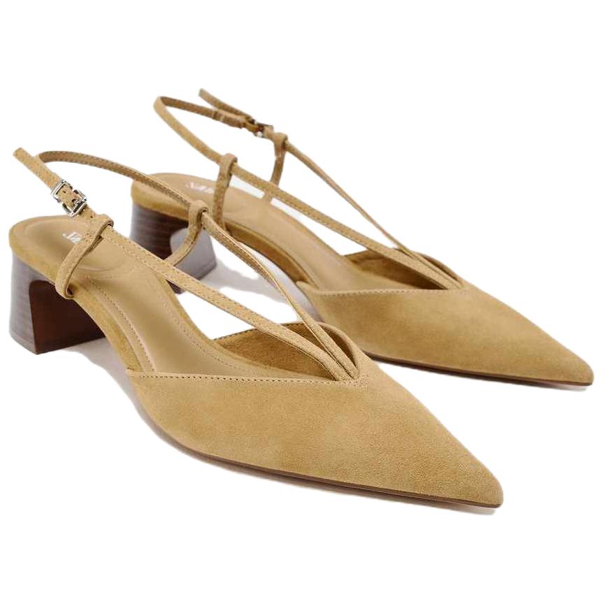 Zara Sheepskin Leather Elegant Pointed Toe Buckle Suede Belt Decor Chunky Heel Open Back High Heels Women High Heels Brown 12221510105-38