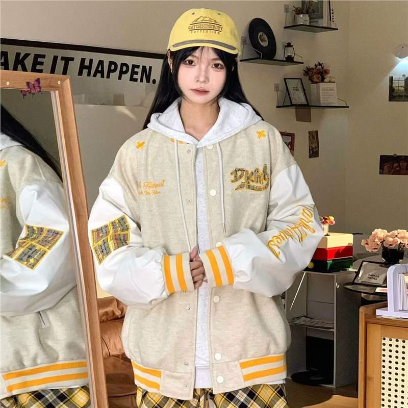 

Women s Retro Colorblock Embroidered Baseball Jacket - Loose, Oversized Spring Outerwear L абрикосовий