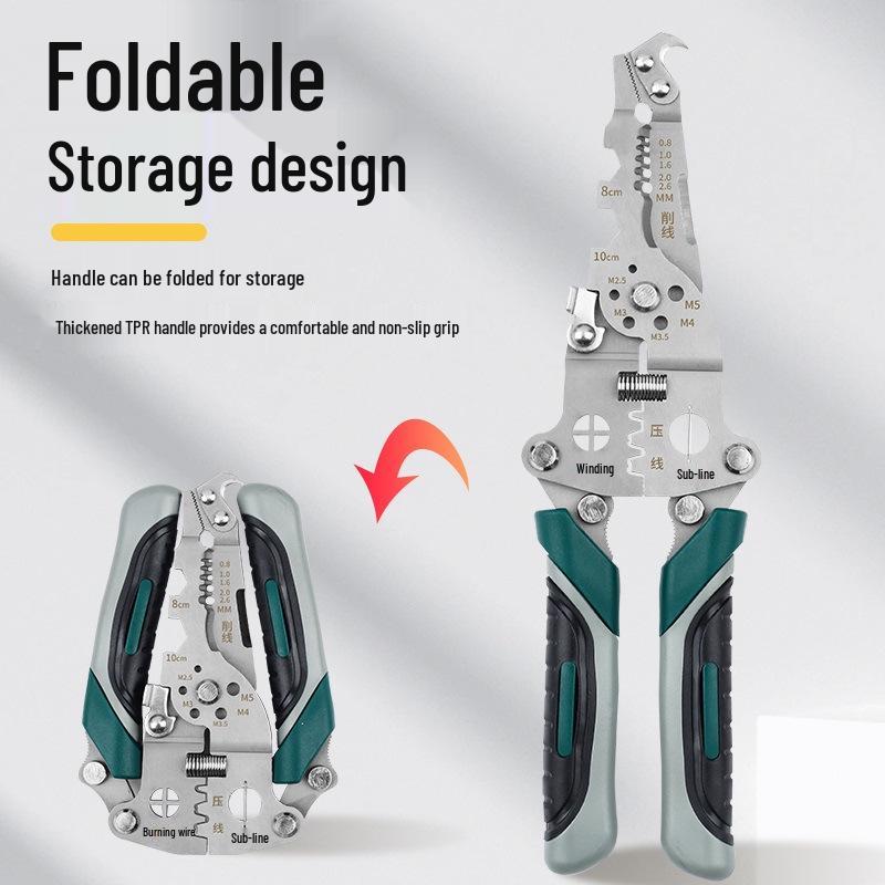 Multifunctional Electrician's Wire Stripper and Cutter: Portable, Foldable Pliers for Skinning, Wrapping, Crimping.