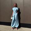 European and American Design Short-sleeved Suit Wide-leg Trousers Set Elegant Temperament Versatile Sky Blue Two-piece Set Women