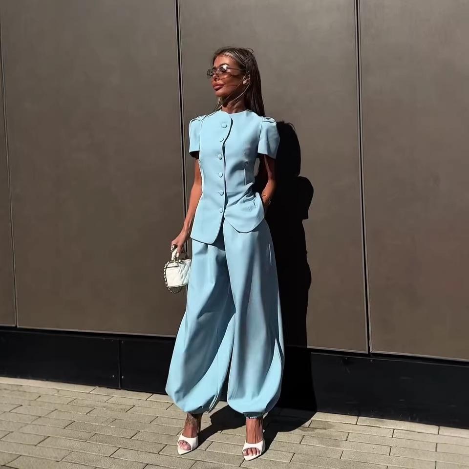 European and American Design Short-sleeved Suit Wide-leg Trousers Set Elegant Temperament Versatile Sky Blue Two-piece Set Women