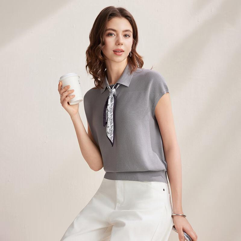 Zhaojun Women's Mulberry Silk Blend Short Sleeve Knit T-shirt with Lapel Collar