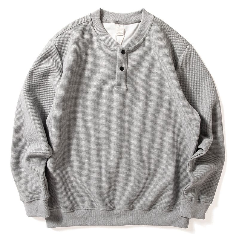 Henry Collar Sweatshirt for Men, Autumn Season, Heavy Texture Pullover Long-Sleeve Top, Waffle Pattern Casual Loose Base Layer Jacket, Trendy