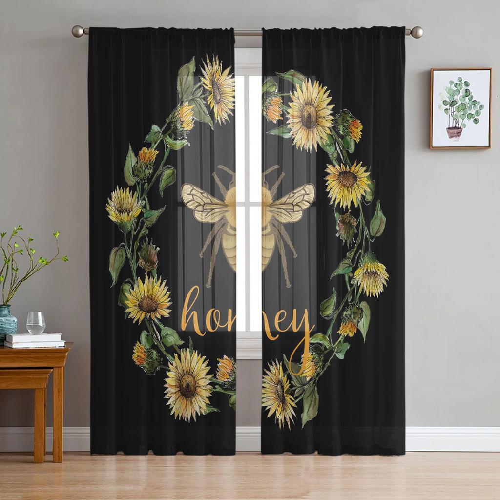 Modern Bee Azalea Retro Flower Tulle Curtains Living Room Bedroom Decoration Chiffon Voile Kitchen Window Curtain With Sheer Polyester Perfect For