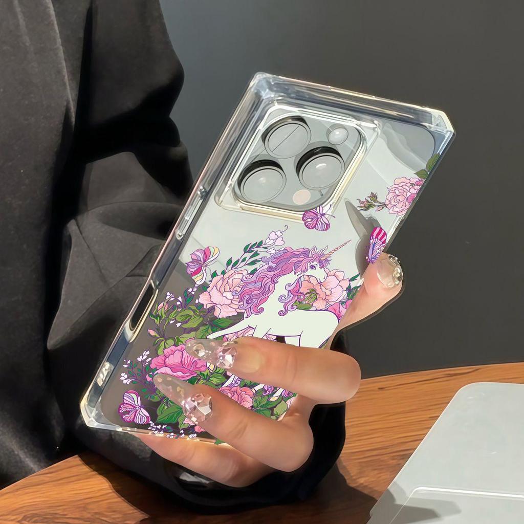 Clear Square Back Tube Case Protection For iPhone 13 14 Pro Max 16 ProMax 15 Plus 12 11 Anti-Oxygen,Butterfly Unicorn Pattern Casing