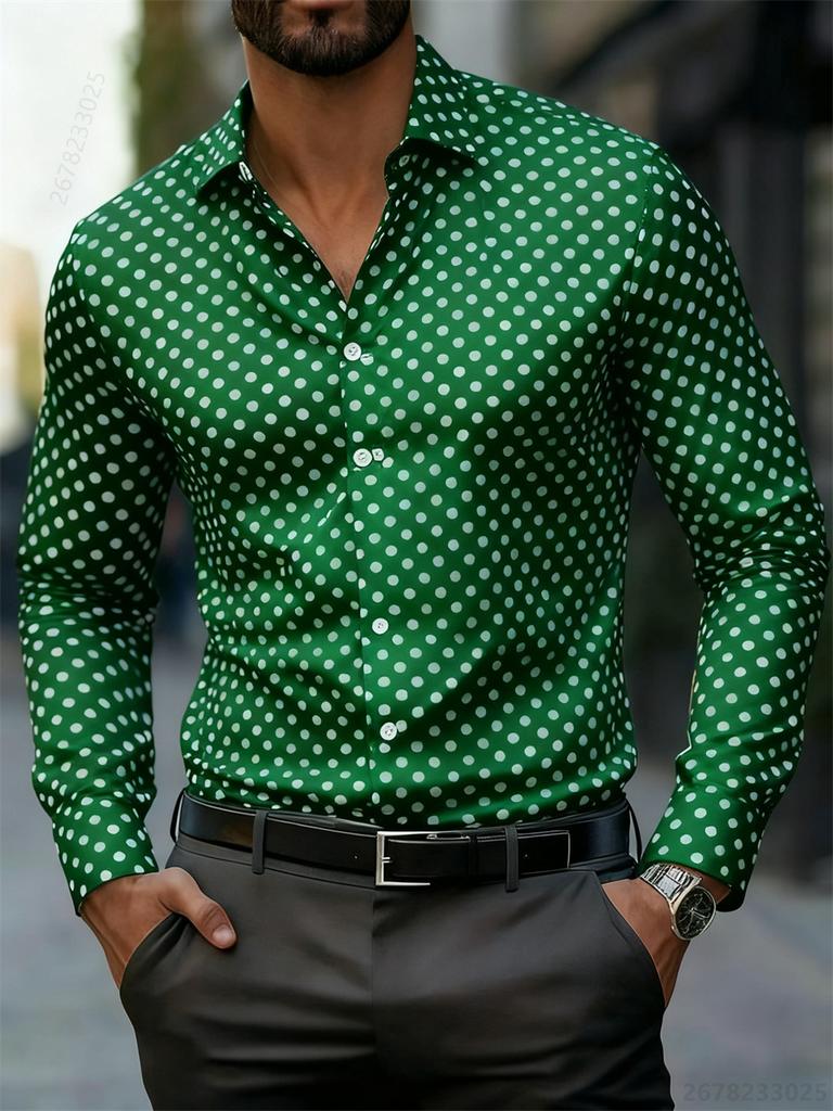 Camisa de Manga Larga con Estampado de Lunares de Moda para Hombre, Popular Camisa Versátil de Estilo Casual de Negocios, Ajuste Delgado, para el Uso Diario y el Desplazamiento, Moderna