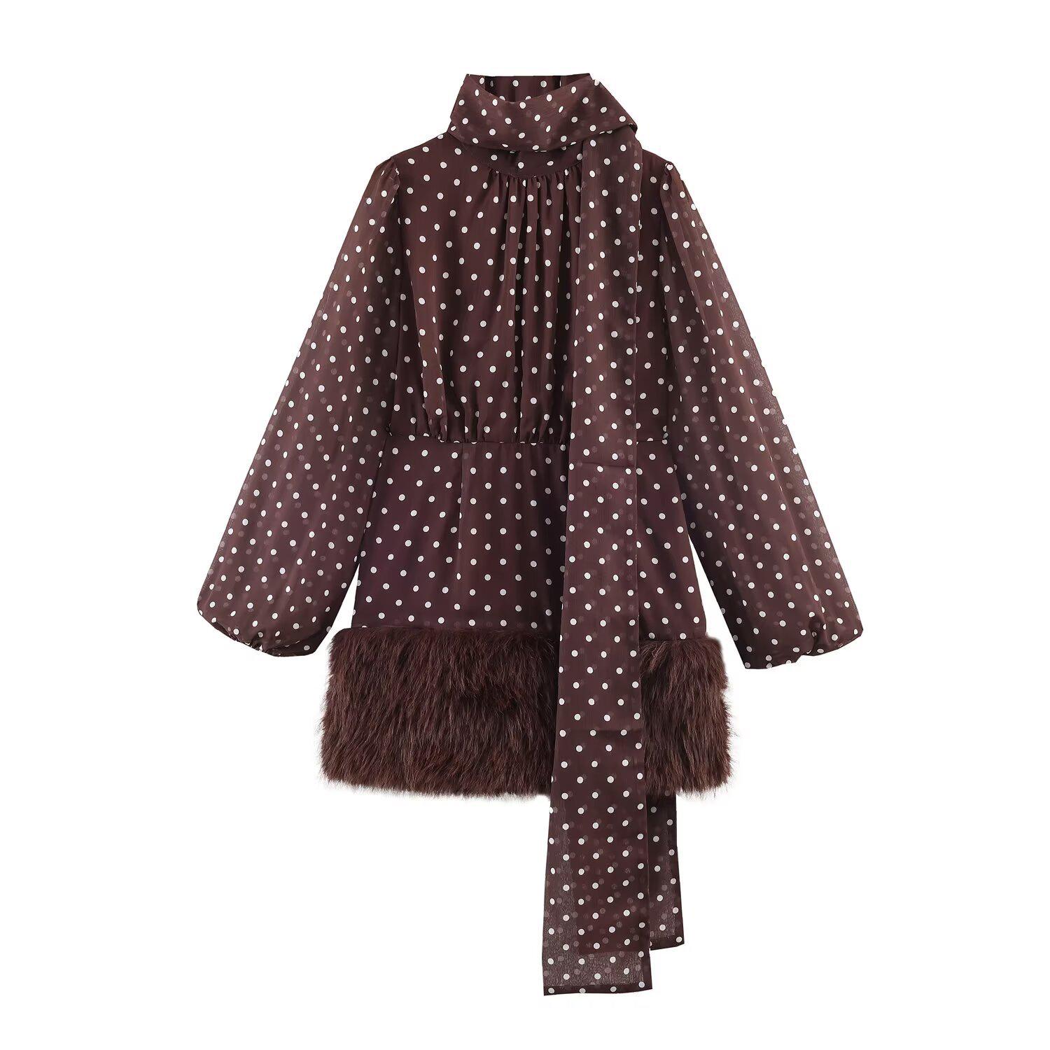 2025 Autumn/Winter Women s Retro Polka Dot Patchwork Dress with Fur Tassels XS