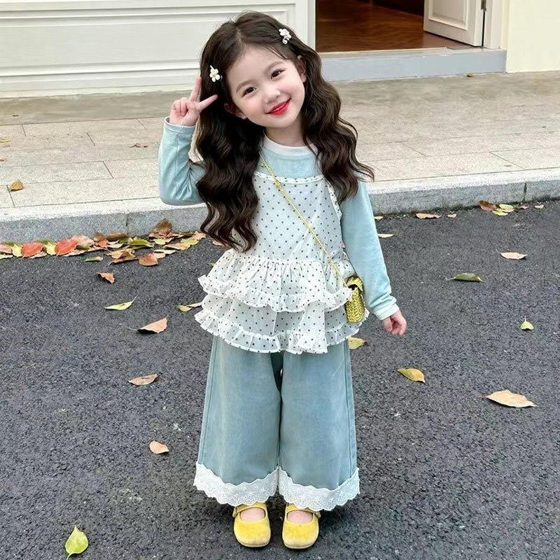 Girls Outfit Polka Dot Ruffle Strap Wide Leg Pants 3-Piece Set Korean Fashion Kids Clothing