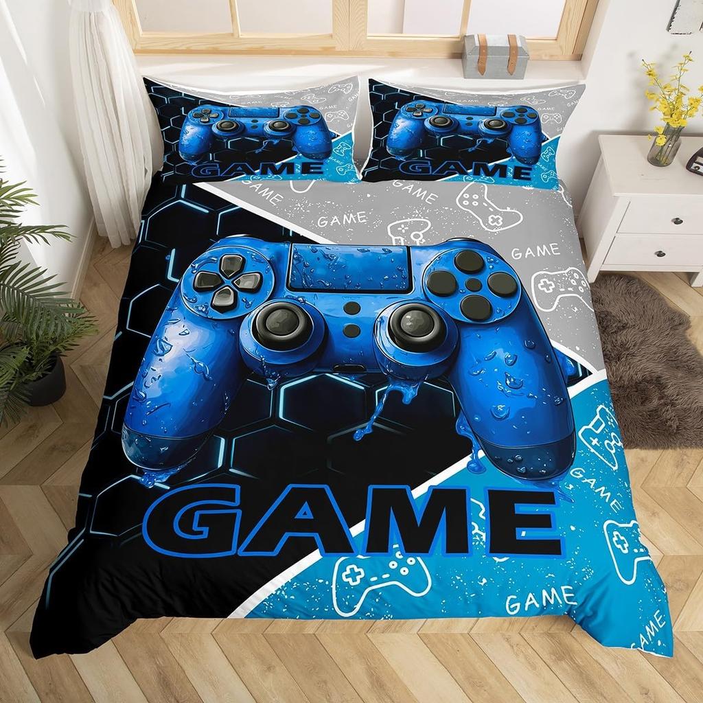 Boys Gaming Full King Duvet Cover Set,Cool Video Game Console Print Comforter Cover With Pillowcase,3D Gamepad Gamer Bedding Set