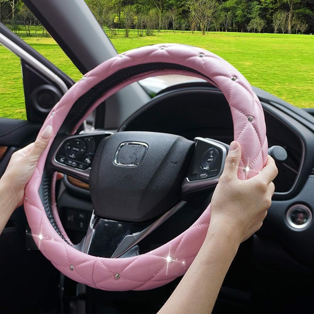 Crystal Diamond Leather Steering Wheel Cover with Bling Crystal Rhinestone Universal Fit Car Steering