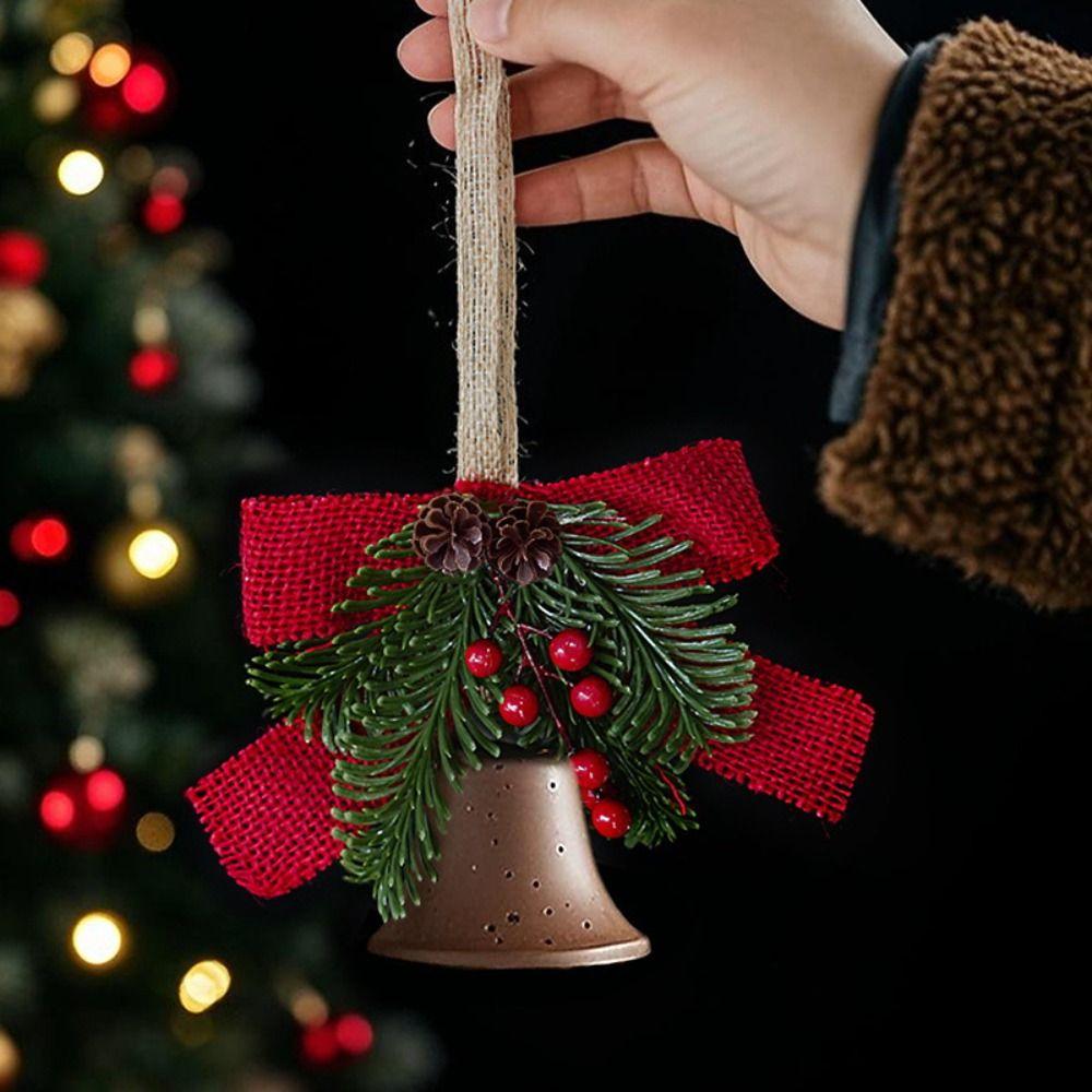 Creative Christmas Bell Pendant Retro Exquisite Xmas Tree Pendant with String Artificial Pine Metal Bow Bells Entrance Porch