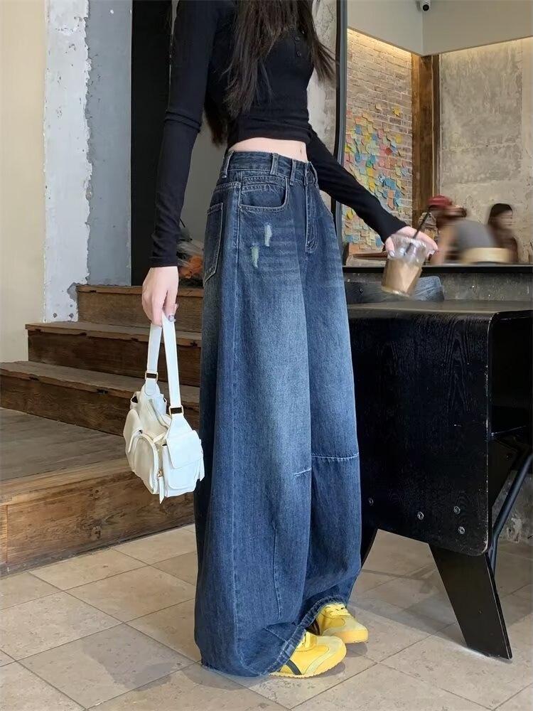 Women's Spring Retro Curved Blade Wide-Leg Scythe Jeans: Casual, Loose, and Slimming with a Floor-Length Design