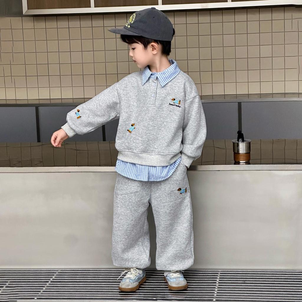 Korean Style Boys' Sweatshirt & Sweatpants Set - 2025 New Trendy Autumn Outfit for Kids