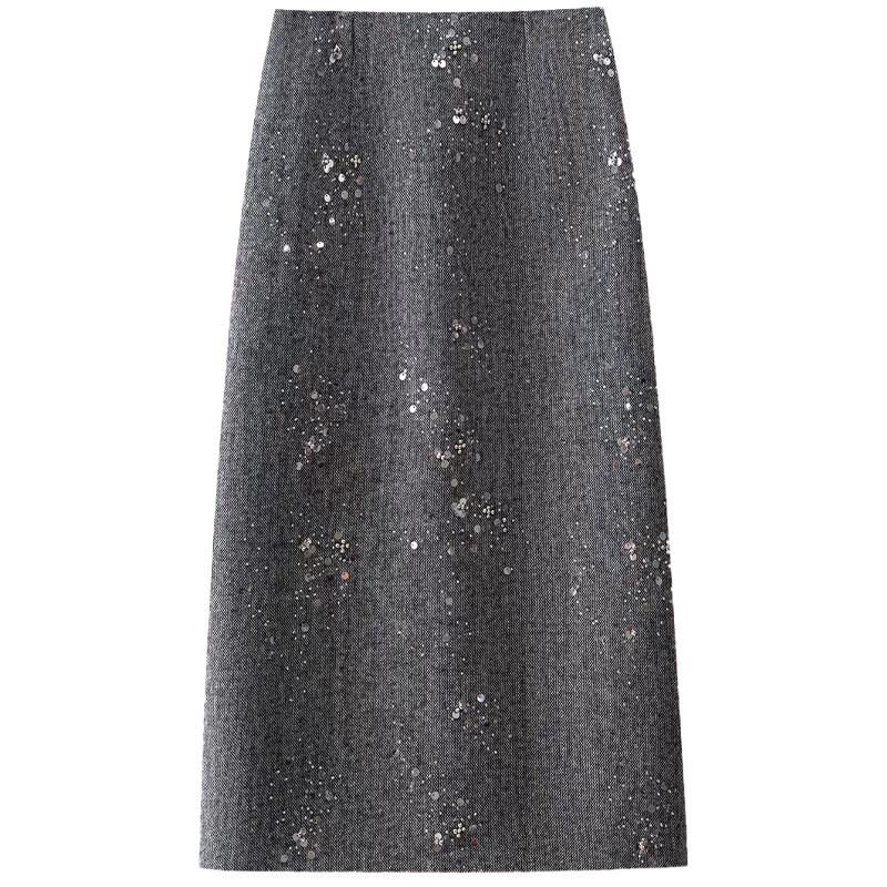 2025 Winter Elegant High-Waist Mid-Length Sequin Wool Slit Skirt for Women