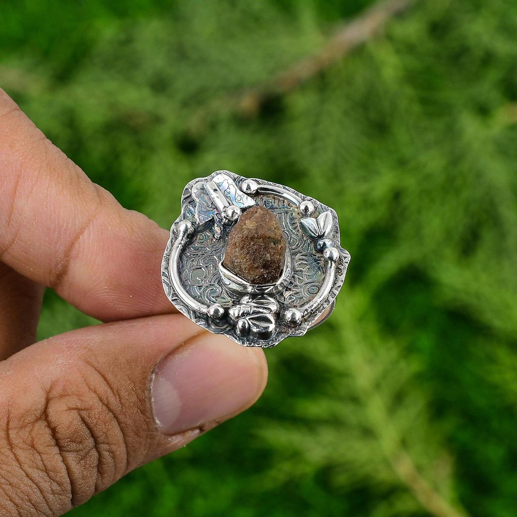 Gift For Her 925 Silver Natural Hessonite Rough Multi Stone Adjustable Ring