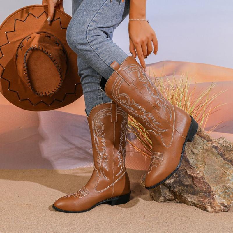

Autumn and winter new mouth embroidery sleeve thick heel knight boots retro medium tube pointed western cowboy boots 43
