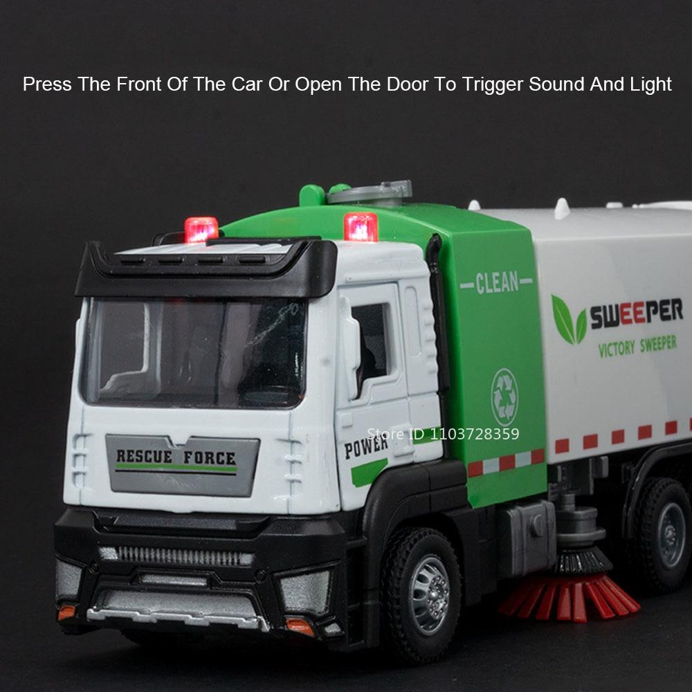 1/32 City Sweeper Model Toy Car Metal Diecast Sanitation Garbage Trucks Sound Light Pull Back Engineering for Kids Edutainment